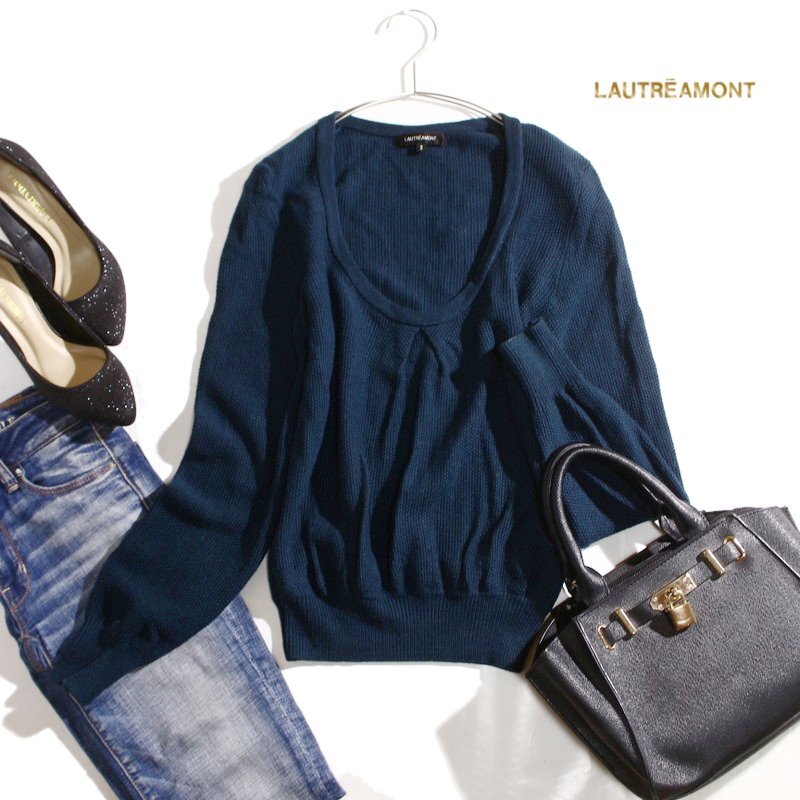 美品 ロートレアモン LAUTREAMONT 秋 冬 ダークカラー 飾編み 長袖 ニットセーター 9号 2 ダークグリーン 緑 ざっくり ミセス オフィス拍卖