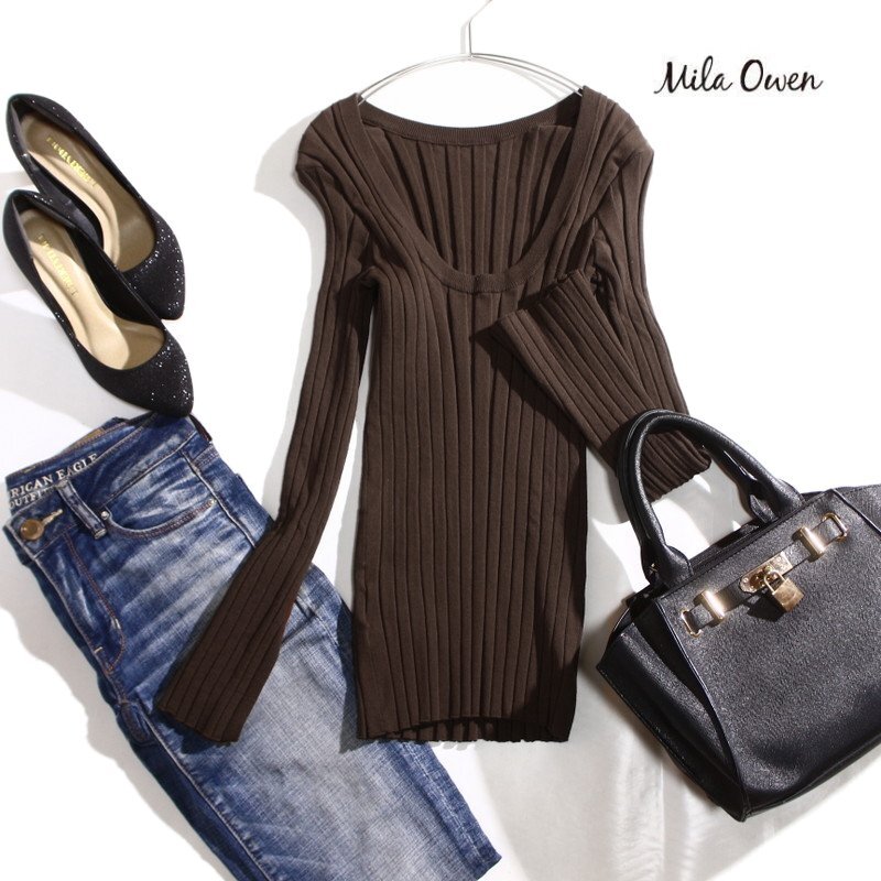 美品 Mila Owen ミラ オーウェン 合物 レーヨン ナイロン Vネック リブニットカットソー セーター 1 ダークブラウン S M カットソー ニット拍卖