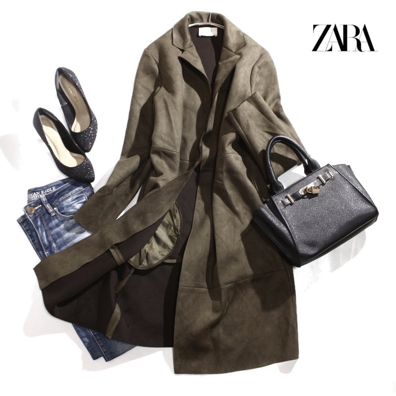 美品 ZARA ザラ 秋 冬 ザラ スエード調 ロングコート カーキ グリーン 緑 S ガウンコート スエードタッチ レザーコート 羽織 ゆたtり拍卖