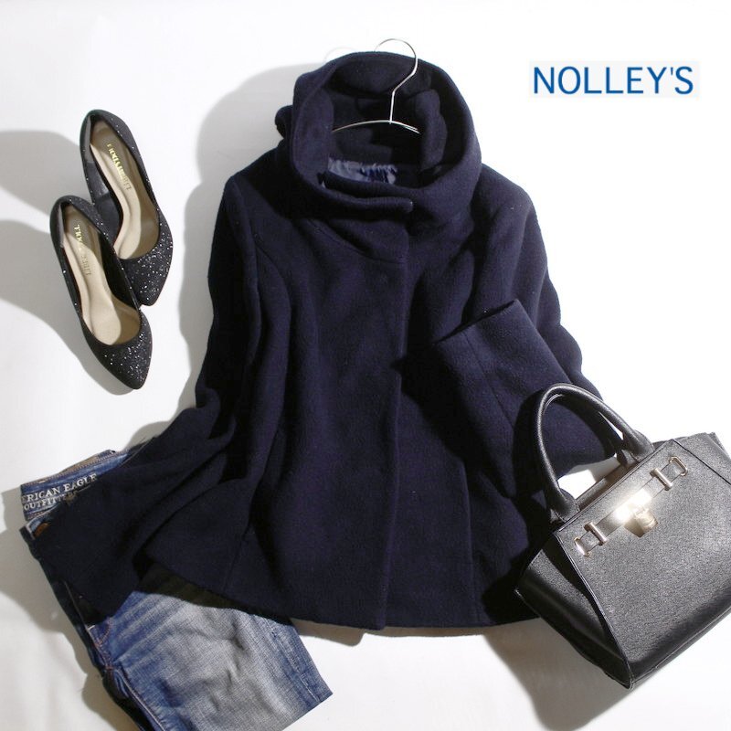ノーリーズ NOLLEY'S 冬 上品 フード一体 ショート ウールコート 7号 36 ネイビー 紺 ウールジャケット ミセス 綺麗め フォーマル 通勤拍卖