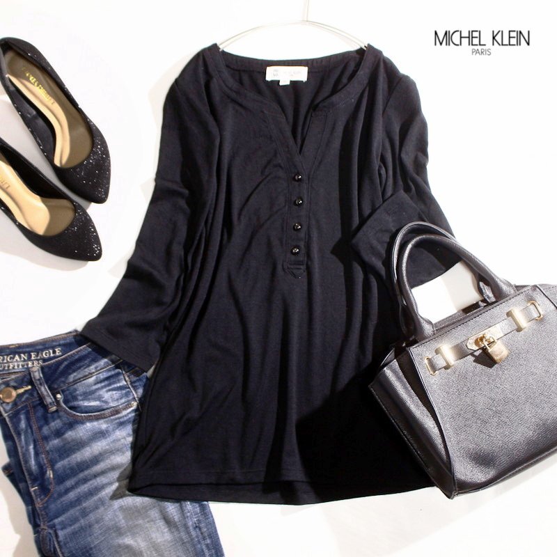 美品 ミッシェルクラン MICHEL KLEIN イトキン(株) 合物 ポリエステル 8分袖 Tシャツ カットソー 9号 38 ブラック 黒 ストレッチ ボタン拍卖