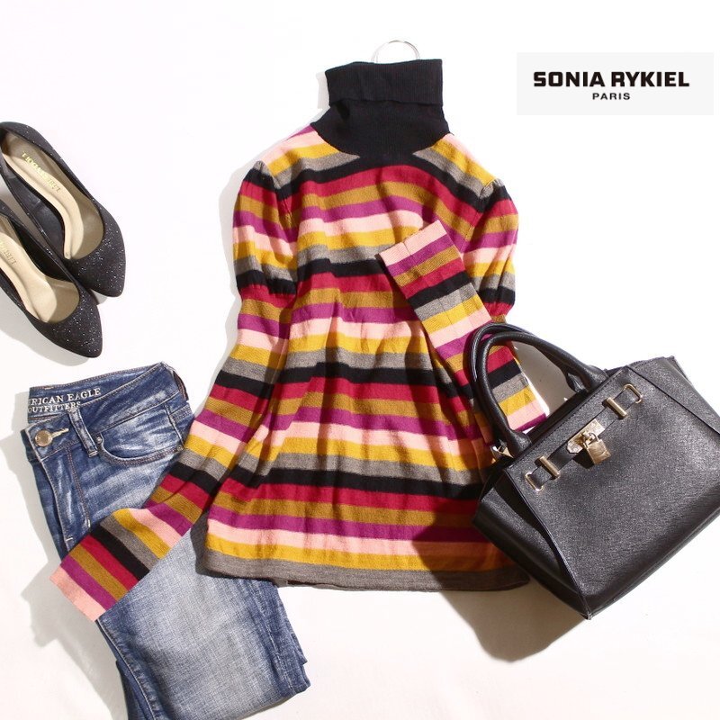 ソニアリキエル SONIA RYKIEL 株) オンワード樫山 秋 冬 マルチボーダー 柄 リブタートル ニットセーター ニットカットソー 11号 40拍卖