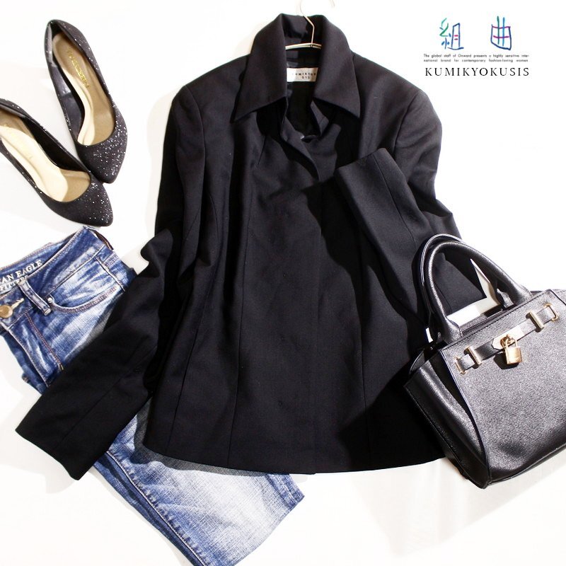 美品 組曲 クミキョク シス 株) オンワード樫山 毛52% スーツ テーラードジャケット 3 ブラック 黒 11号 フォーマル オケージョン 通勤拍卖