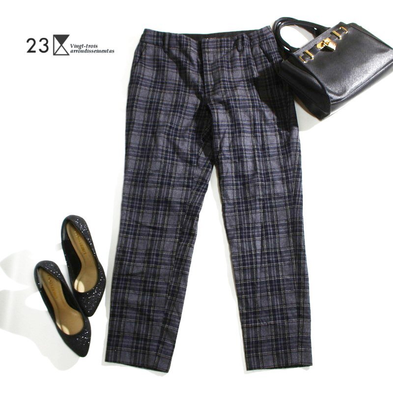 美品 23区 株) オンワード樫山 秋 冬 ウール99% チェック柄 テーパードパンツ グレー 9号 38 ウールパンツ パンツ オフィス 通勤 綺麗め拍卖