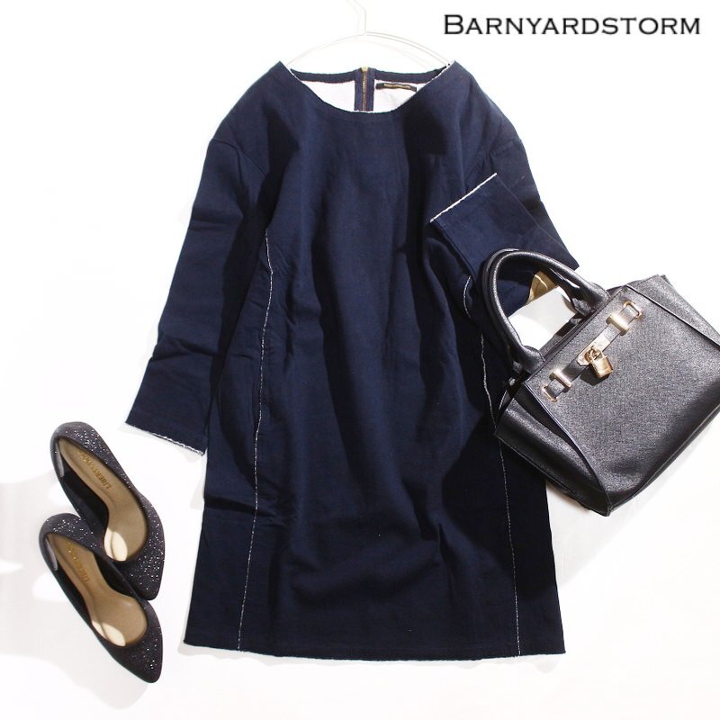 美品 BARNYARDSTORM バンヤードストーム 秋 冬 エルボーパッチ デザイン コットン ワンピース ネイビー 紺 ひざ丈 0 S プルオーバー 丸首拍卖