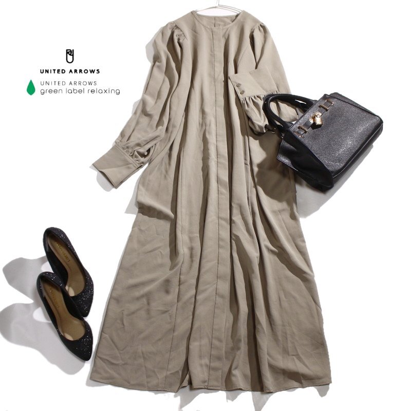 美品 ユナイテッドアローズ グリーンレーベルリラクシング 合物 長袖 ロングワンピース シャツワンピース マキシワンピース ベージュ 上品拍卖