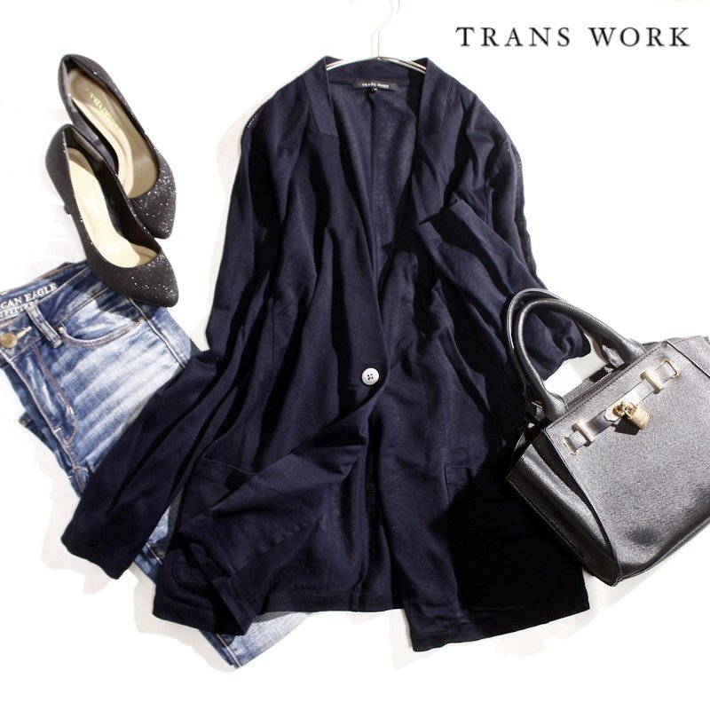 美品 TRANS WORK トランスワーク 株)三陽商会 シングルボタン ジャージ― テーラードジャケト 9号 38 ネイビー 紺 M ジャケット オフィス拍卖