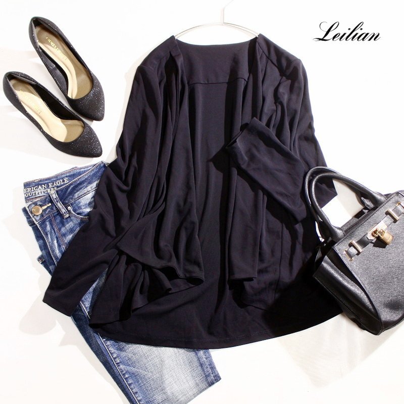 美品 Leilian レリアン 合物 ジャージ― フレアカーディガン 9号 ネイビー 紺 ゆったりシルエット ミセス シンプル 綺麗め タック デザイン拍卖