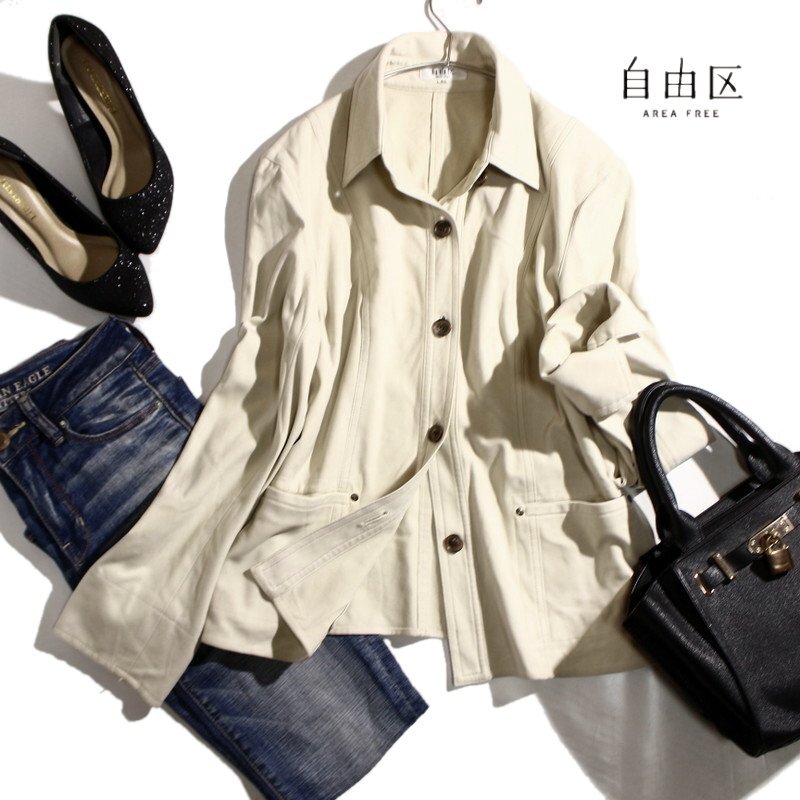 美品 ジユウク 自由区 オンワード樫山 秋 冬 スエードライク ジャケット レザージャケット 11号 40 ベージュ 羽織 ミセス シャツ 上着拍卖