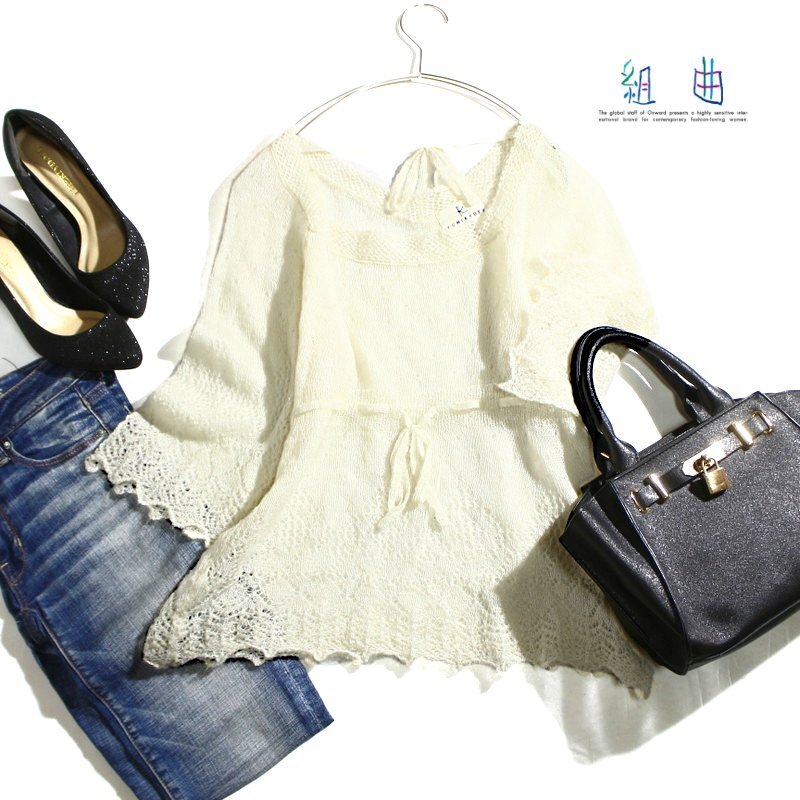 美品 組曲 クミキョク 株) オンワード樫山 モヘア混 ニット セーター アイボリー ホワイト M 2サイズ ドロストリボン 大人可愛い ガーリー拍卖