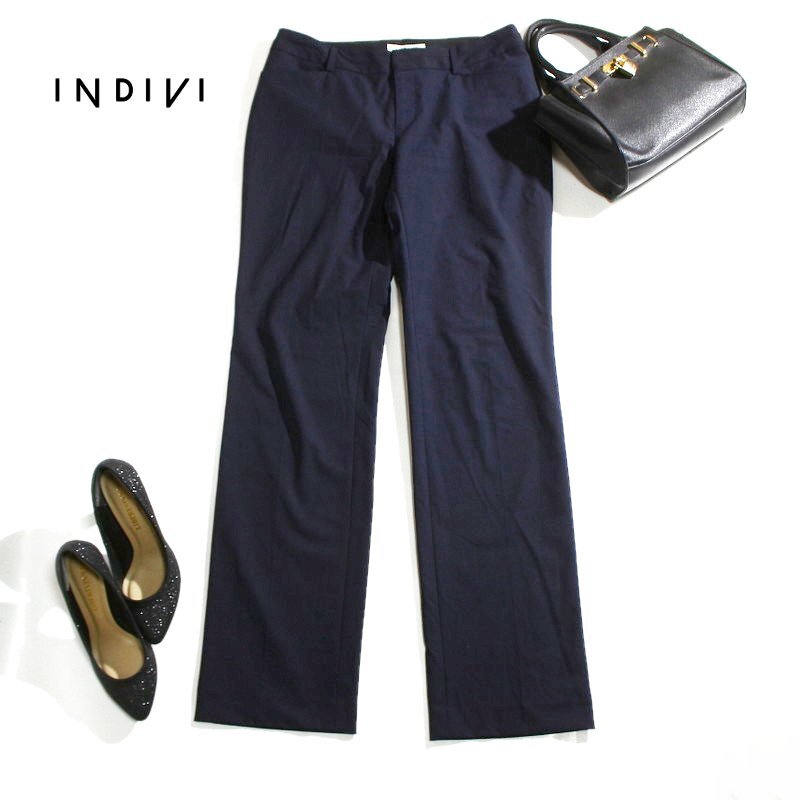 美品 インディヴィ INDIVI 株) ワールド 通年 美脚 ストレートパンツ 11号 40 ネイビー 紺 濃紺 ポリエステル レーヨン混紡 ストレッチ素材拍卖
