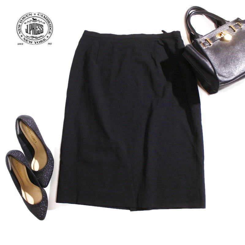 美品 J.PRESS ジェイプレス オンワード樫山 大きいサイズ 毛100% ブラック スーツ タイトスカート 13号 黒 シンプル ベーシック オフィス拍卖