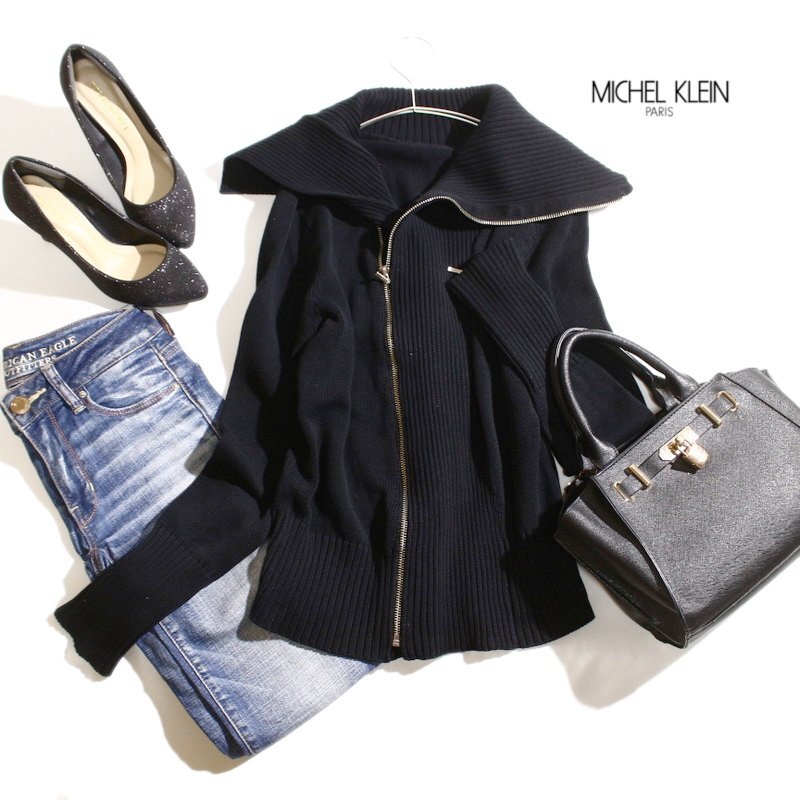 美品 ミッシェルクラン MICHEL KLEIN 合物 通年 リブ フルジップアップ コットン ニットジャケット 9号 38 ブラック 黒 ミセス カジュアル拍卖