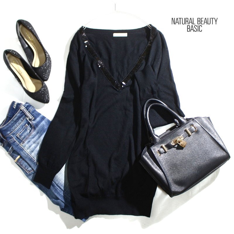 美品 NATURAL BEAUTY BASIC ナチュラルビューティーベーシック Vネック ロングニット セーター 黒 M ウール 毛50% スパンコール M 9号 通勤拍卖