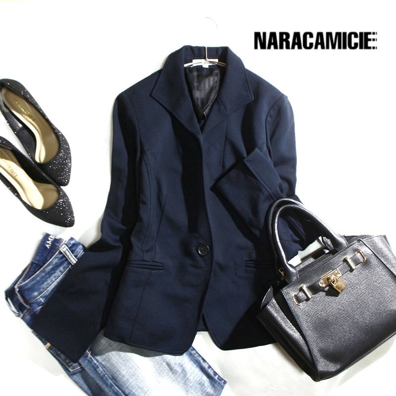美品 NARACAMICIE ナラカミーチェ 通年 ジャージ― 楽々 ネイビー テーラードジャケット レーヨン ナイロン ポリウレタン ストレッチ 0 S拍卖