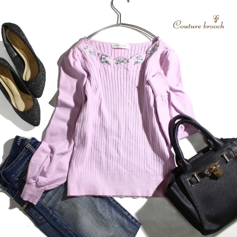 美品 Couture brooch クチュールブローチ ストレッチ レーヨンニット 花 刺繍 パフスリーブ リブニット カットソー ピンク M 38 可愛い拍卖