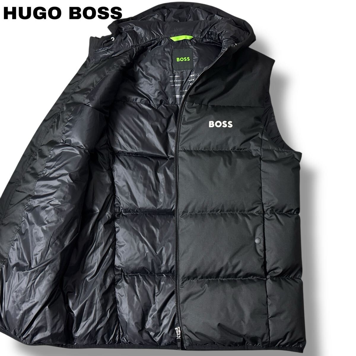 未使用級■HUGO BOSS ヒューゴボス【XL相当】大きいサイズ ダウンベスト フード ロゴプリント 切替 ブラック 黒 現行モデル 拍卖