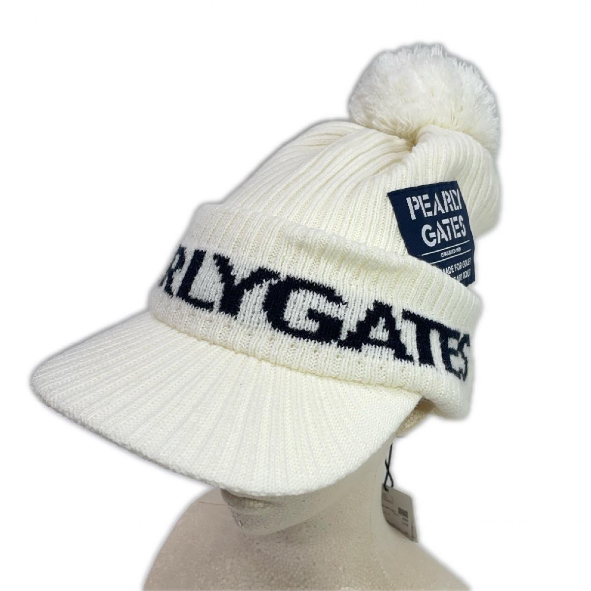 coco 未使用品 パーリーゲイツ PEARLY GATES つば付ニット帽 ホワイト 白 ボンボンニットキャップ レターパックプラス発送可 K017090拍卖