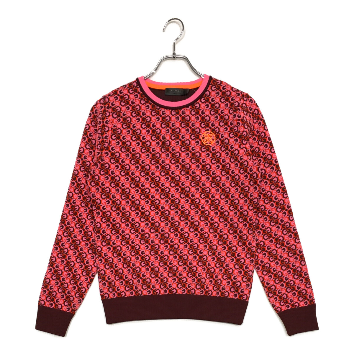 coco 中古 ジーフォア G/FORE レディース セーター 38(M) ピンク×エンジ色 クルーネック ジャガード ロゴ総柄 ネコポス発送可 K023932拍卖