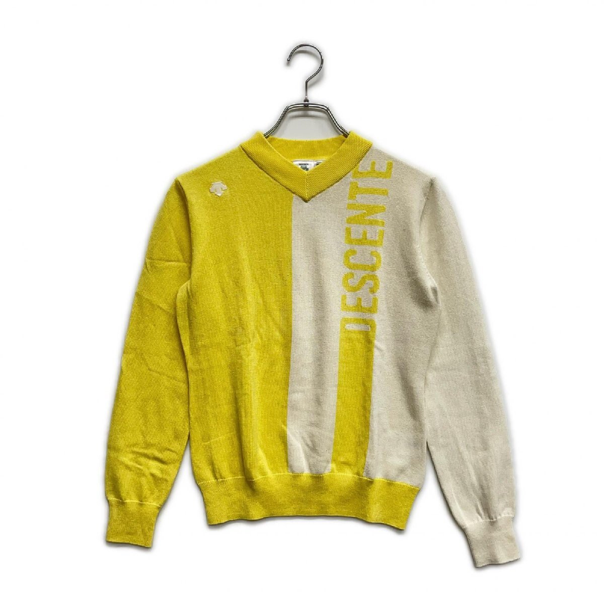 coco 中古 デサントゴルフ レディース セーター L 黄×白 イエロー 長袖 ロゴインターシャ変形モックネック ネコポス発送可 K018859拍卖
