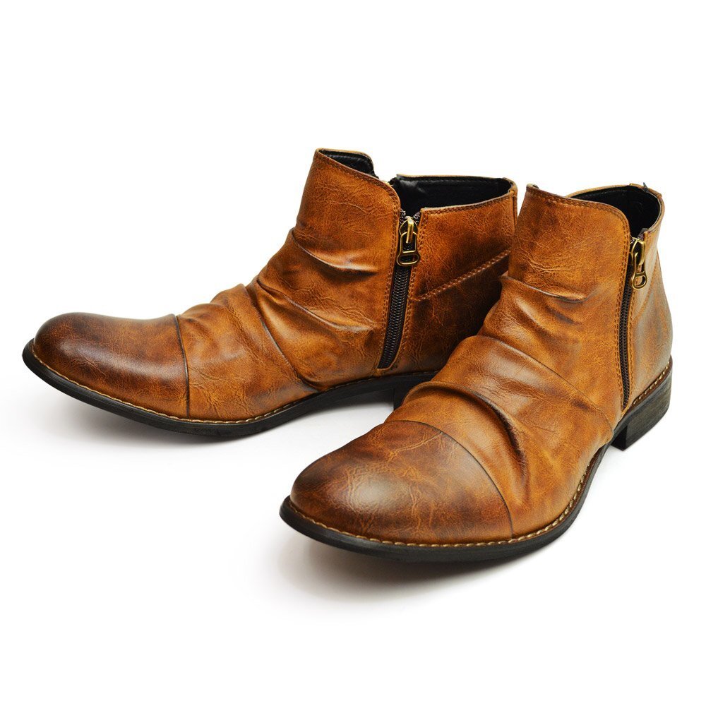 新品■26cm Wサイドジッパー ドレープブーツ チャッカブーツ アンティーク ブーツ ショートブーツ メンズ キレイめ ビンテージ 男 靴拍卖