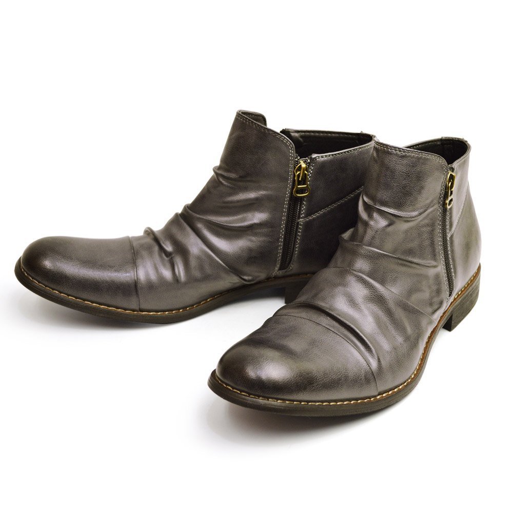 新品■25.5cm Wサイドジッパー ドレープブーツ チャッカブーツ アンティーク ブーツ ショートブーツ メンズ キレイめ ビンテージ 男 靴拍卖
