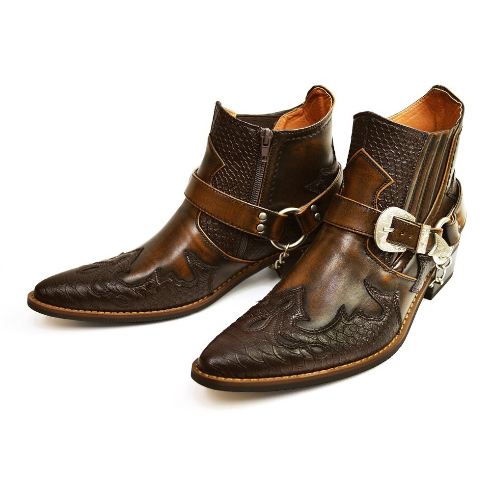 新品■26.5cm メンズ ウエスタンブーツ 脚長 ヒールアップ サイドゴア サイドジッパー ヘビ柄 パイソン バックル リングブーツ 男 靴拍卖