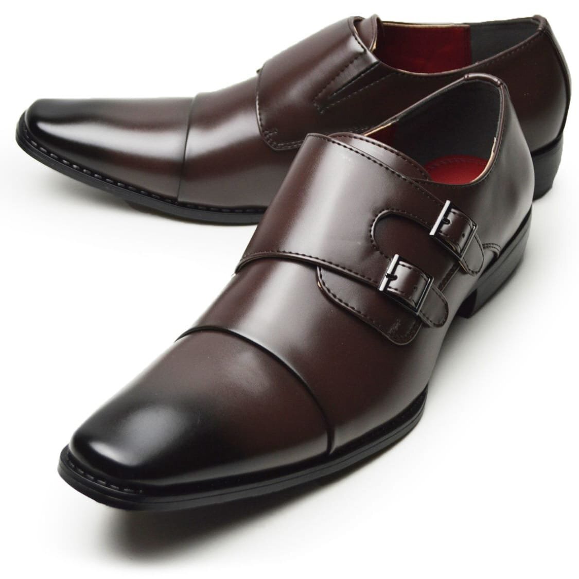 新品■27cm ビジネスシューズ メンズ モンクストラップ ストレートチップ ダブルベルト 革靴 イタリアンデザイン オフィス コンフォート拍卖