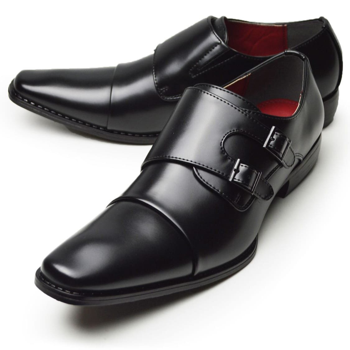新品■27cm ビジネスシューズ メンズ モンクストラップ ストレートチップ ダブルベルト 革靴 イタリアンデザイン オフィス コンフォート拍卖