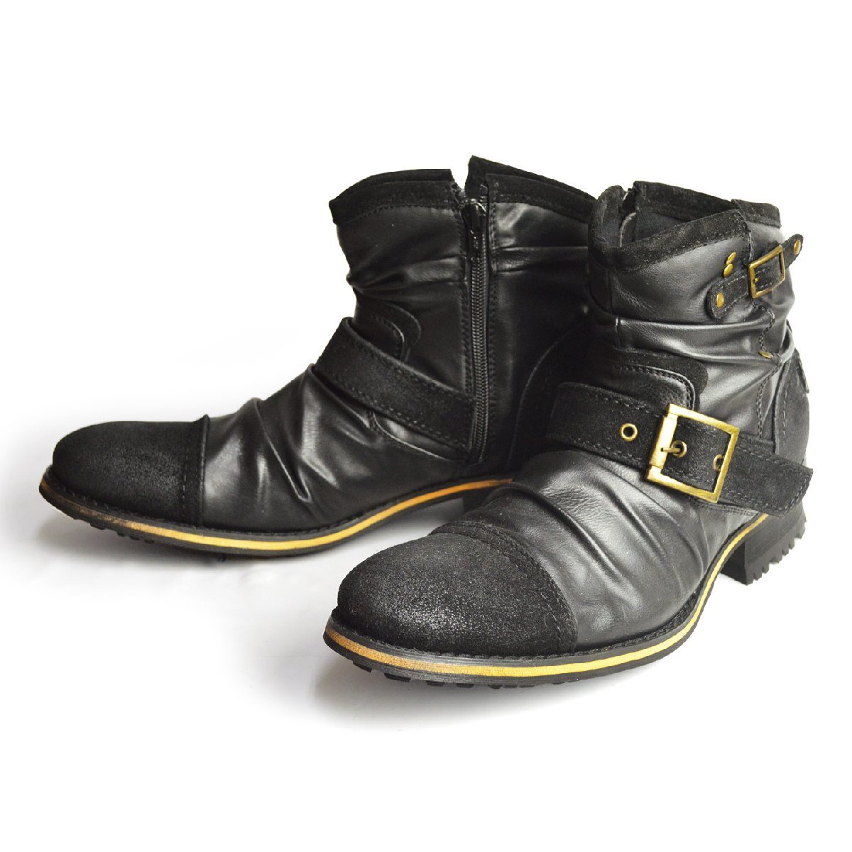 【新品】25cm■エンジニアブーツ ドレープブーツ ベルト バックル ショートブーツ ヴィンテージ スエード 大人 男 靴 メンズシューズ拍卖