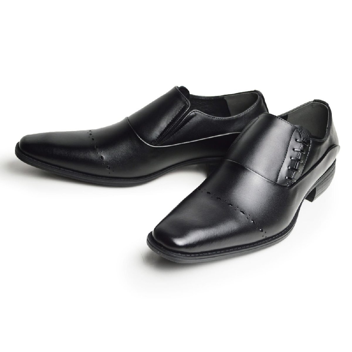 新品■25cm ビジネスシューズ 革靴 サイドゴア スリッポン 飾り紐 脚長 スクエアトゥ ロングノーズ 2E 日本製 フォーマル 紳士靴拍卖