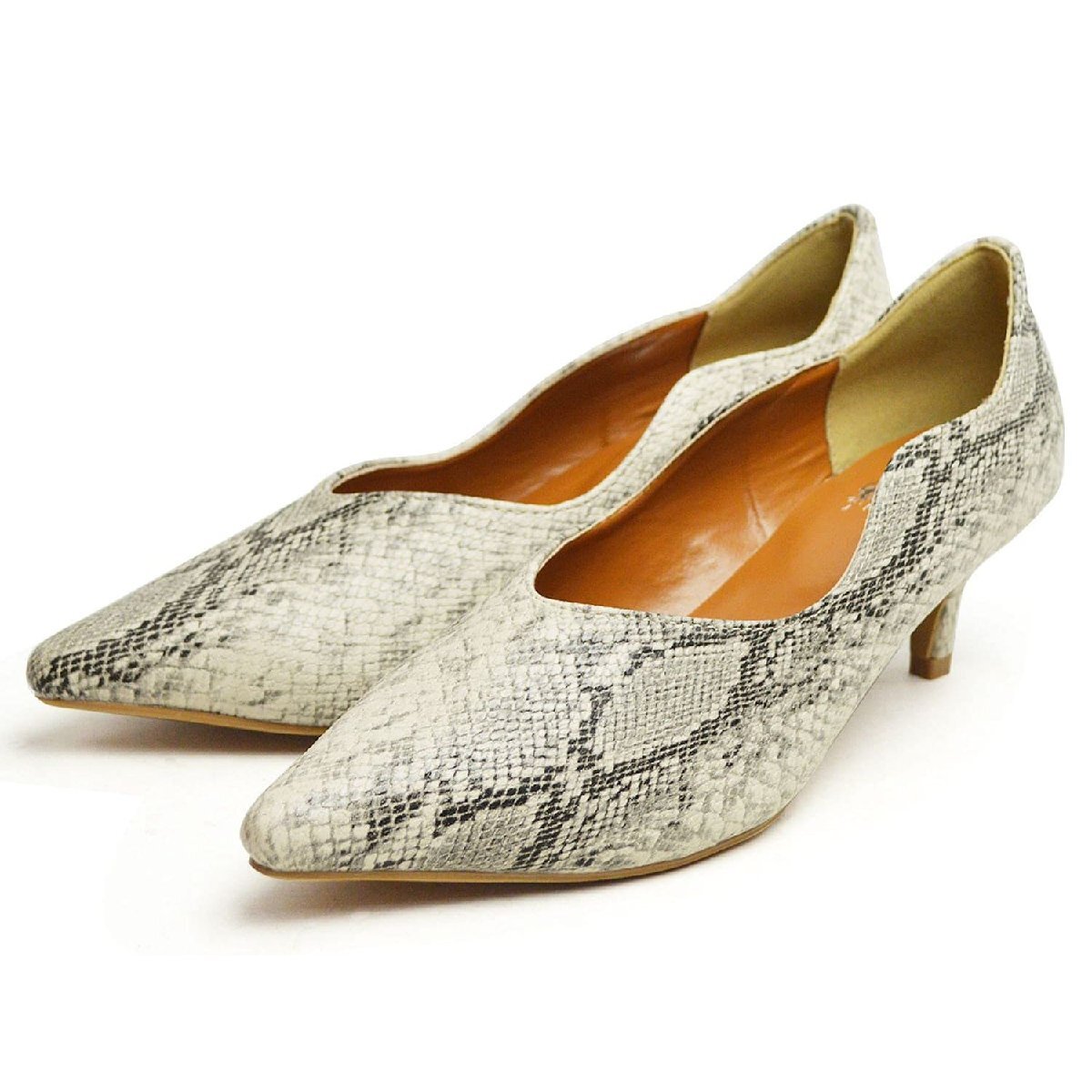 在庫処分■新品【23~23.5cm】レディース パンプス 5cm キトゥン ヒール Vカット ポインテッドトゥ クッション パイソン【エコ配送】拍卖