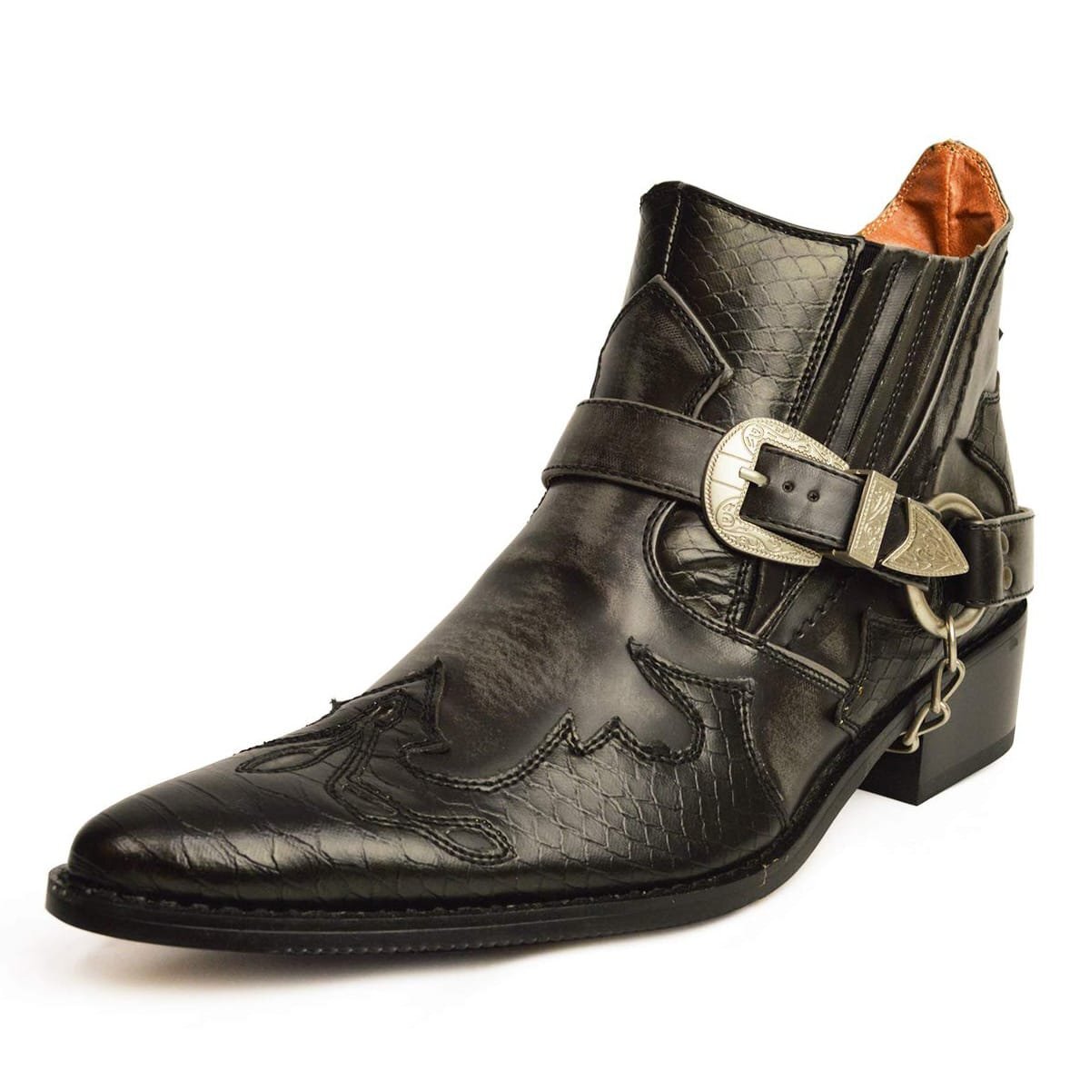 新品■26.5cm メンズ ウエスタンブーツ 脚長 ヒールアップ サイドゴア サイドジッパー ヘビ柄 パイソン バックル リングブーツ 男 靴拍卖