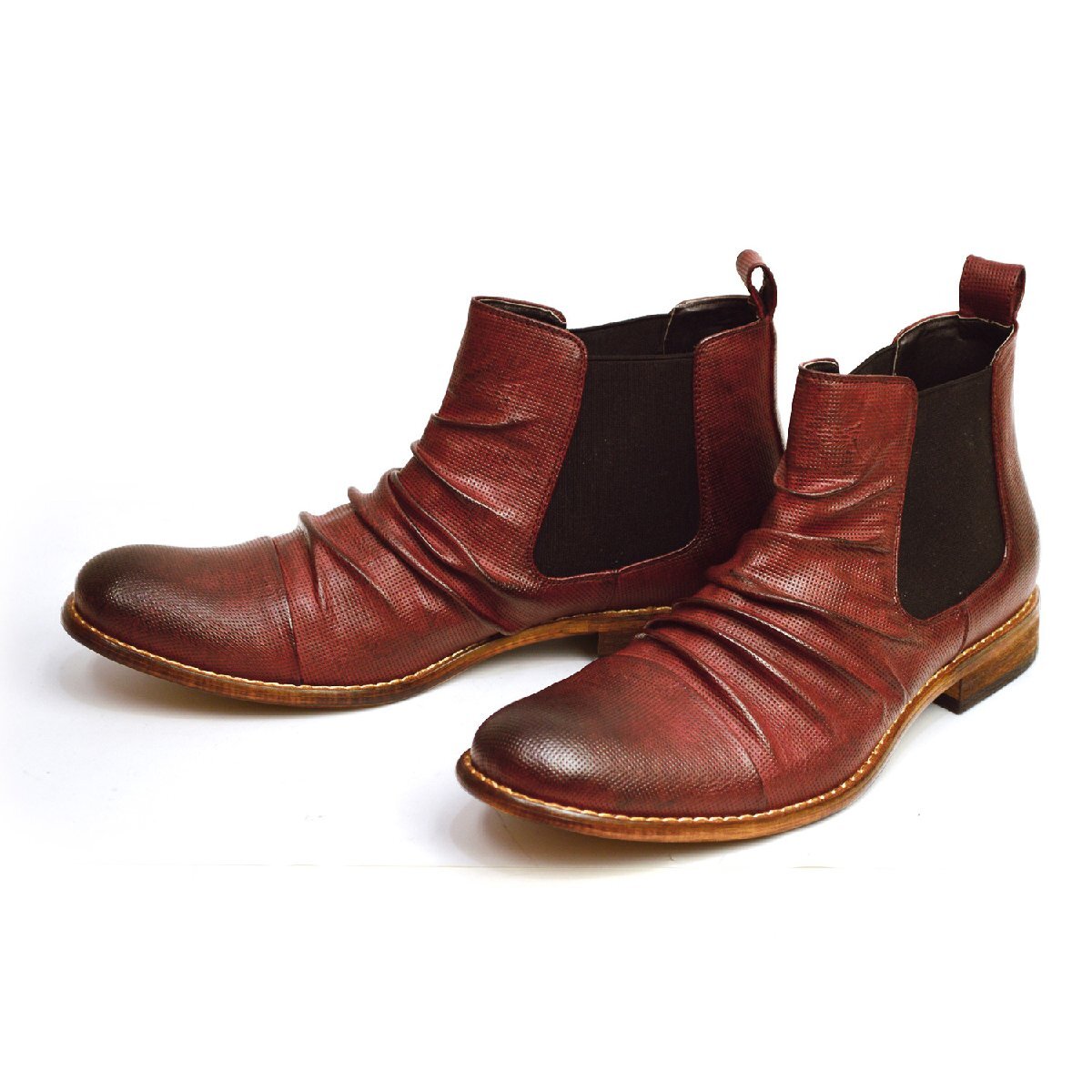 新品■26cm メンズ キレイめ 大人ブーツ ドレープ サイドゴア パンチング 革 ストレートチップ ショートブーツ Zeeno 男 靴【エコ配送】拍卖