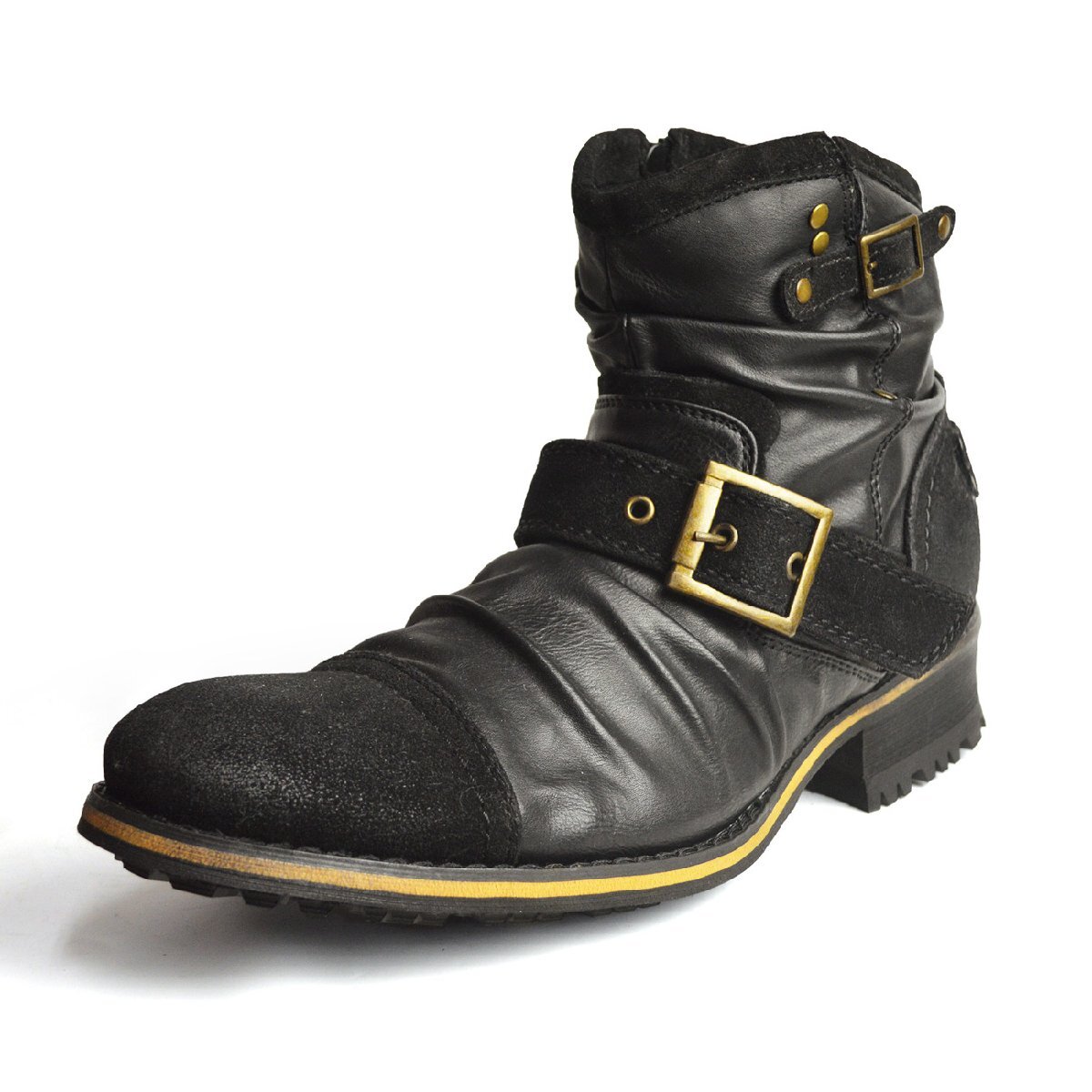 新品■未使用品【25.5cm】エンジニア ドレープブーツ サイドzip ジッパー ベルト バックル ショート ブーツ ヴィンテージ スエード 男 靴拍卖