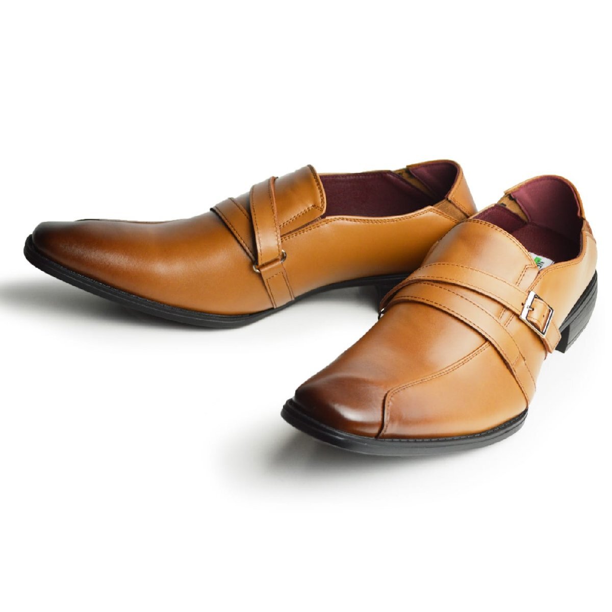 新品■25.5cm ビジネスシューズ 革靴 モンクストラップ スワールモカ ライン 脚長 スクエアトゥ ロングノーズ 2E 日本製 フォーマル 紳士靴拍卖