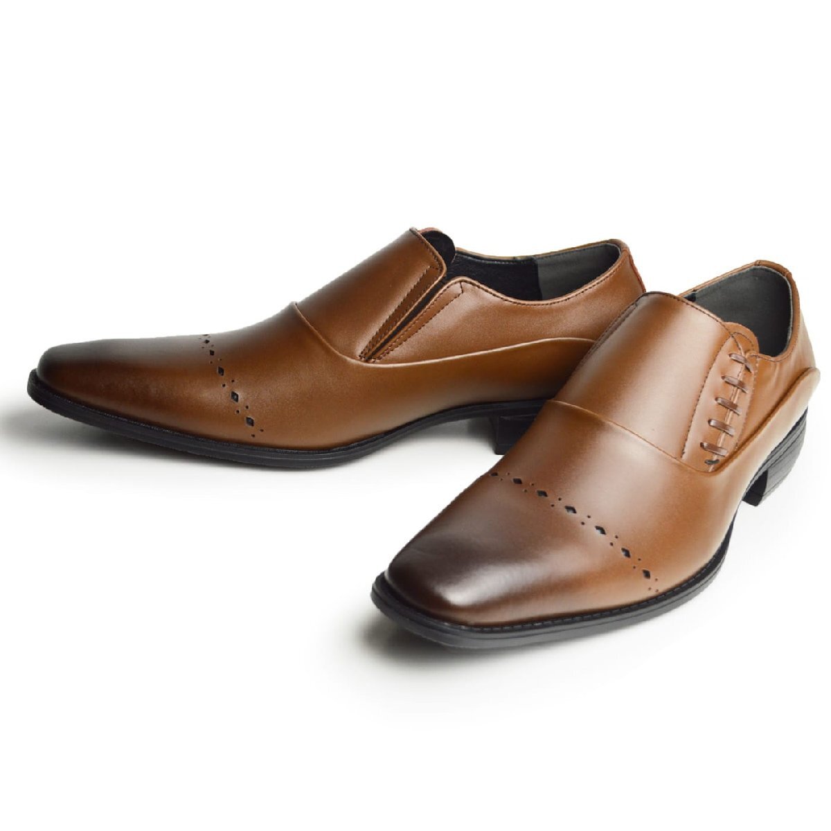 新品■26.5cm ビジネスシューズ 革靴 サイドゴア スリッポン 飾り紐 脚長 スクエアトゥ ロングノーズ 2E 日本製 フォーマル 紳士靴拍卖