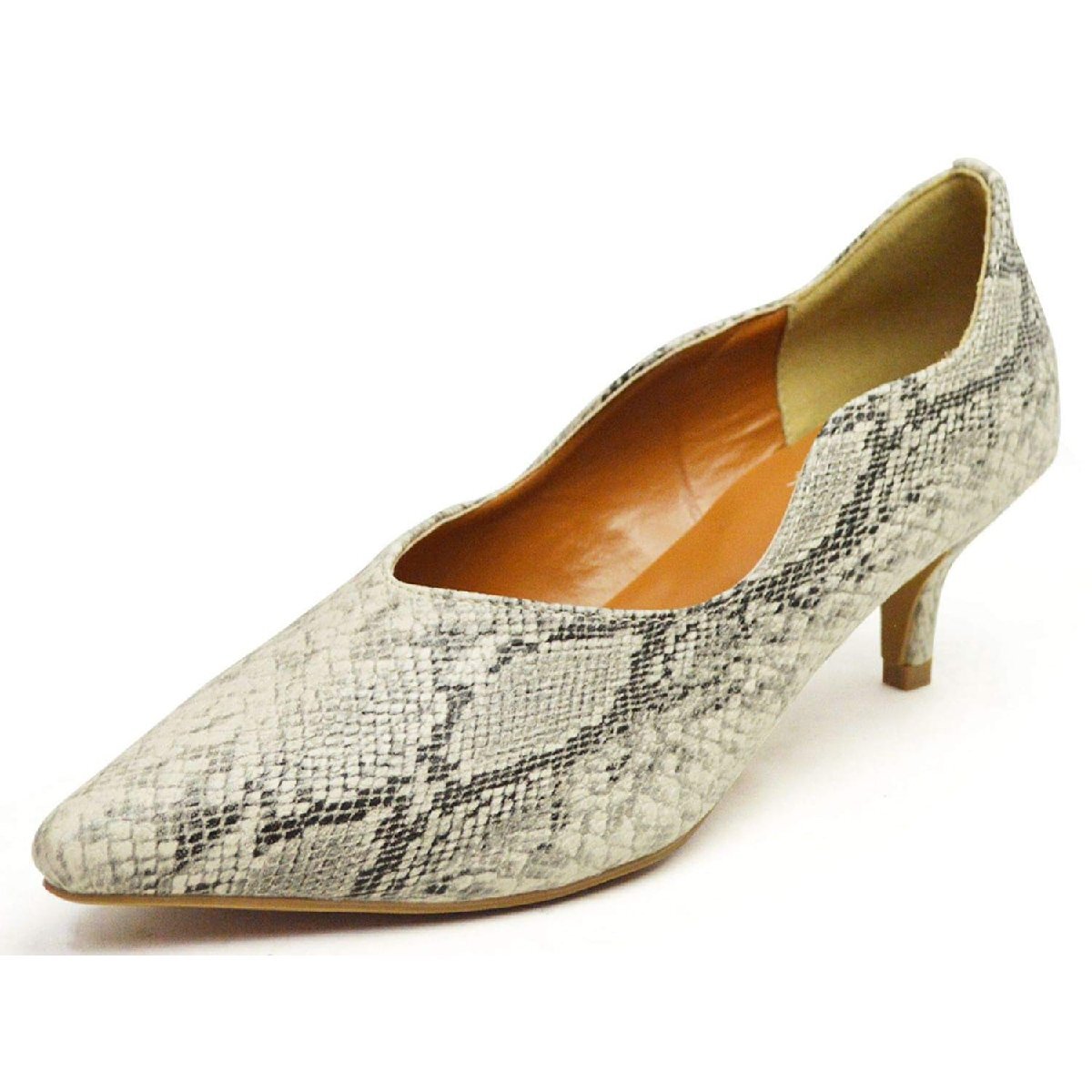 在庫処分■新品【23.5~24cm】レディース パンプス 5cm キトゥン ヒール Vカット ポインテッドトゥ クッション パイソン【エコ配送】拍卖