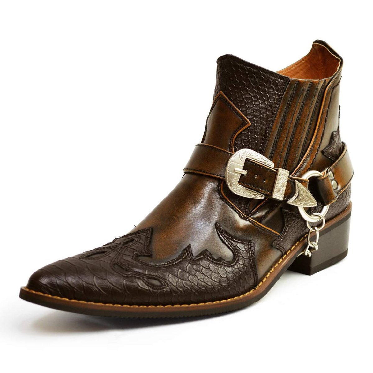 新品■26.5cm メンズ ウエスタンブーツ 脚長 ヒールアップ サイドゴア サイドジッパー ヘビ柄 パイソン バックル リングブーツ 男 靴拍卖