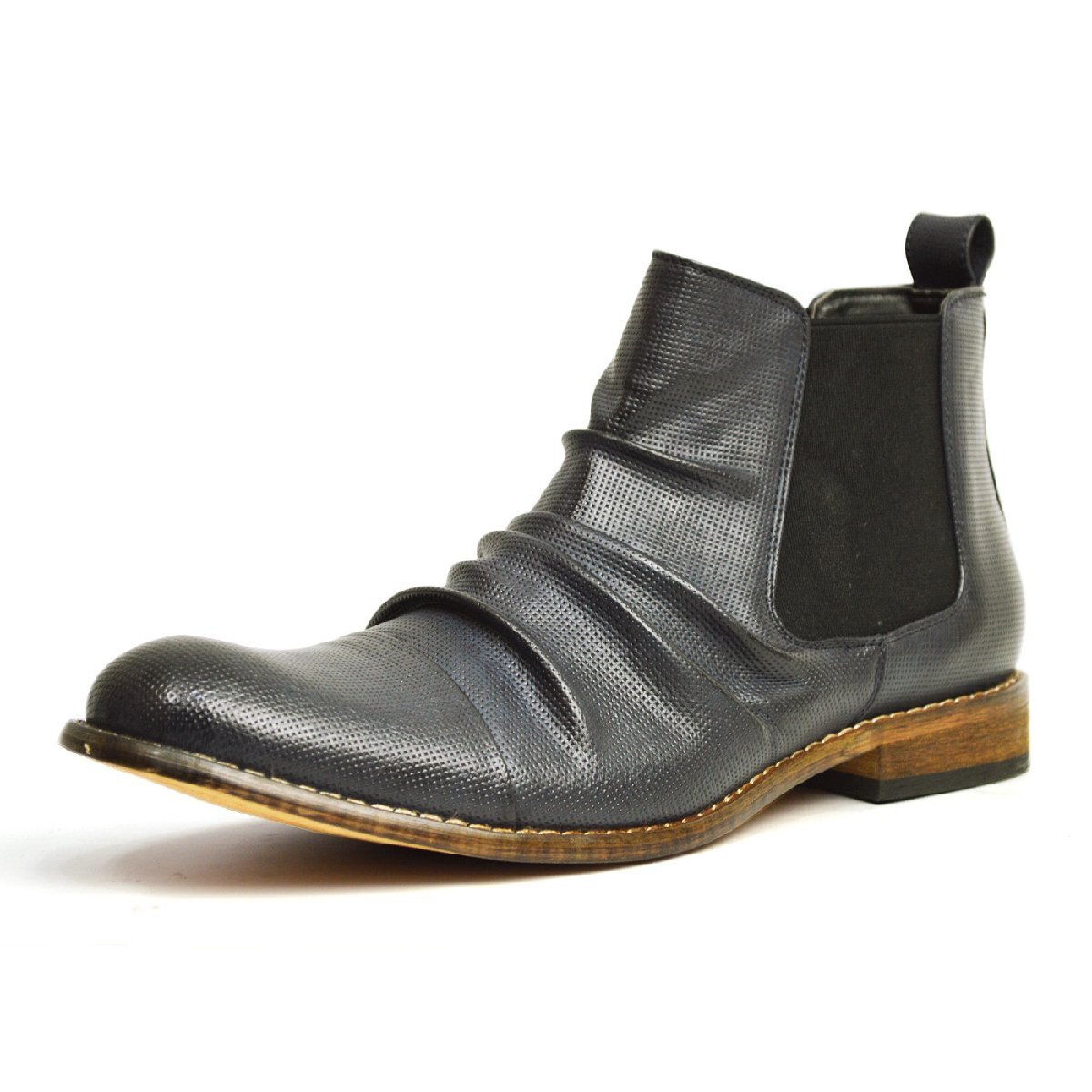 新品■26.5cm メンズ キレイめ 大人ブーツ ドレープ サイドゴア パンチング 革 ストレートチップ ショートブーツ Zeeno 男 靴【エコ配送】拍卖