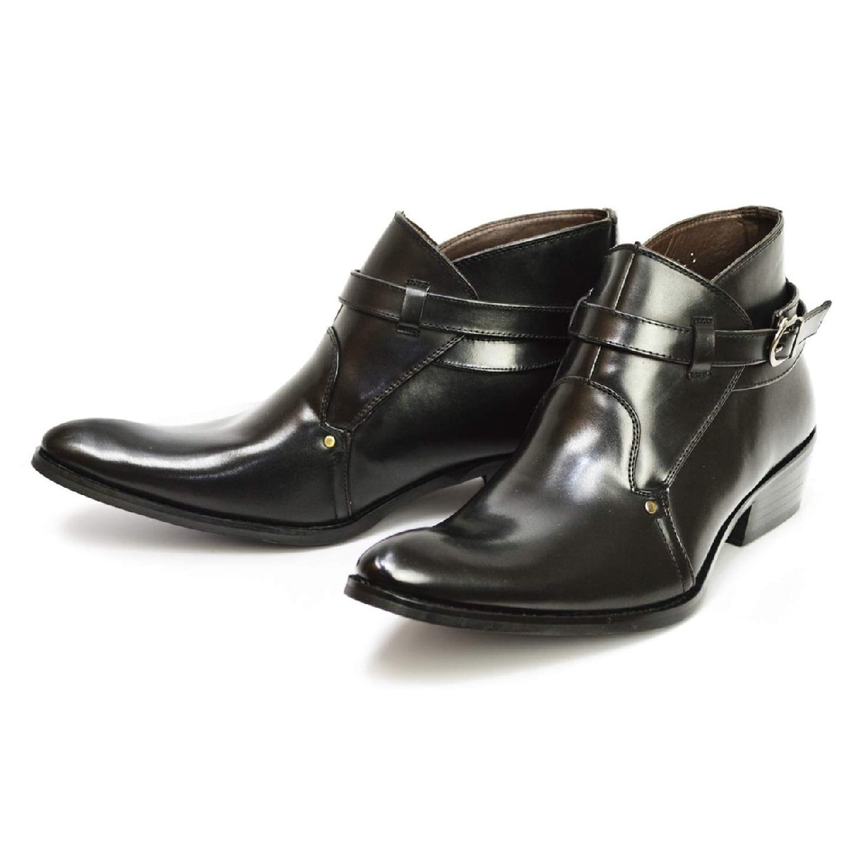 新品■25cm ビジネスブーツ フォーマル ベルト モンク 4.5cm ヒールアップ ポインテッドトゥ メンズ ショートブーツ カジュアル 男 靴拍卖