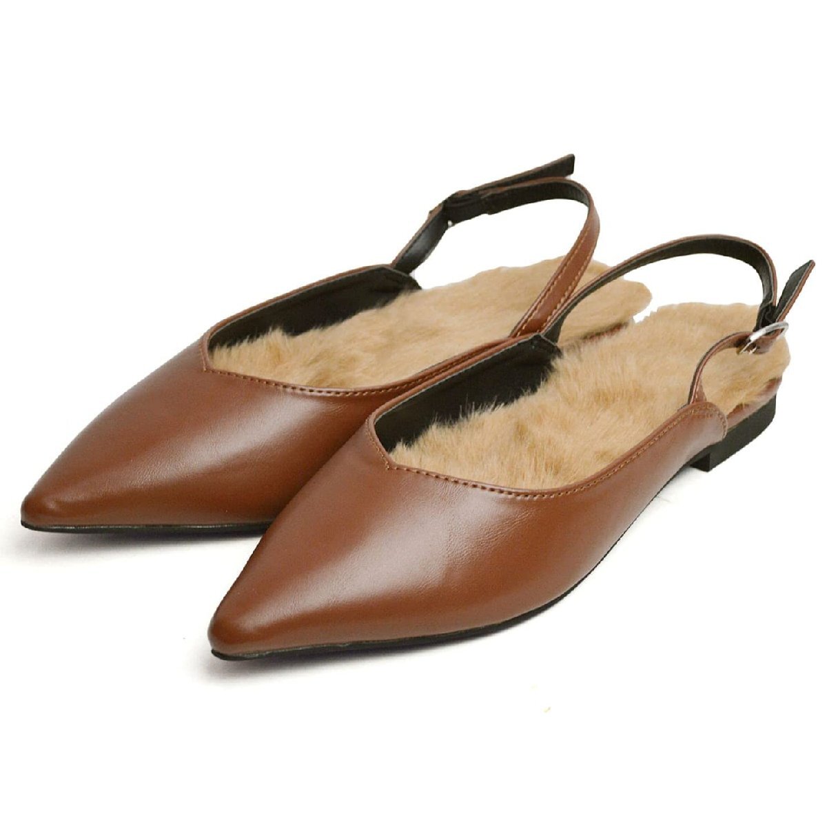 在庫処分■新品【23.5~24cm】レディース フラット パンプス ファー ストラップ付 ポインテッドトゥ サンダル カジュアル 靴【エコ配送】拍卖
