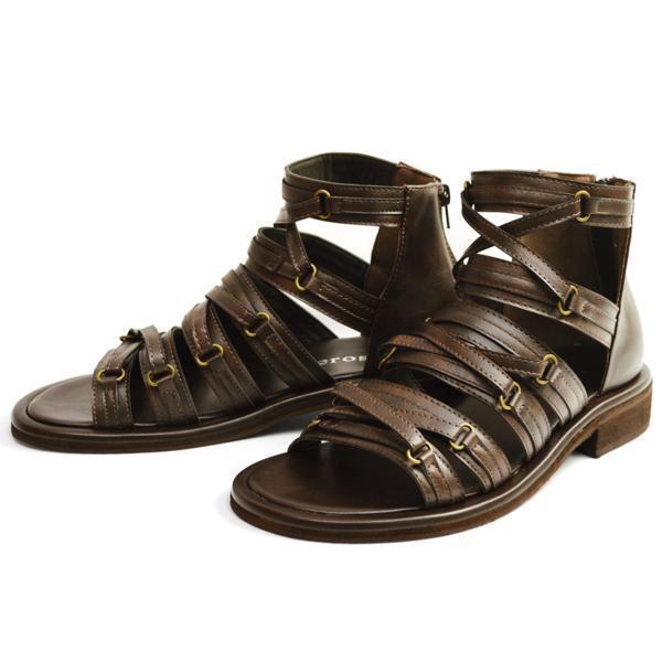 新品■25.5cm~26cm メンズ グラディエーター サンダル 後ろジッパー 着脱簡単 アースカラー PUレザー カジュアルシューズ ミドルカット 靴拍卖