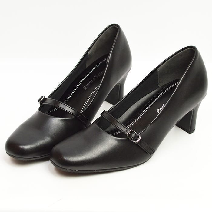 【在庫処分】新品■24.5cm パンプス レディース 6.5cm ヒール 高め 幅広 3E スクエアトゥ ストラップ 通勤 オフィス ブラック【エコ配送】拍卖