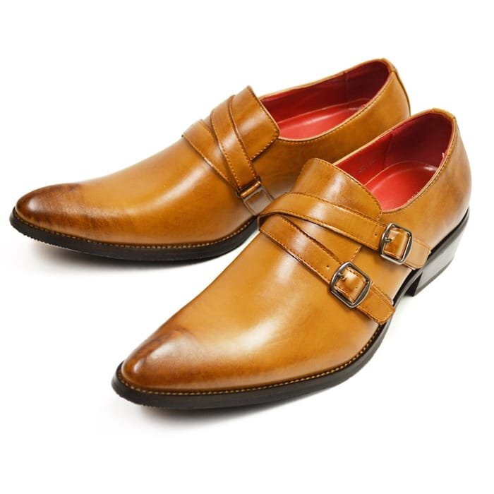 新品■25cm ビジネスシューズ 紳士靴 4.5cmヒール メンズ 革靴 モンクストラップ ベルト 脚長 フォーマル 冠婚葬祭 イタリアンデザイン拍卖