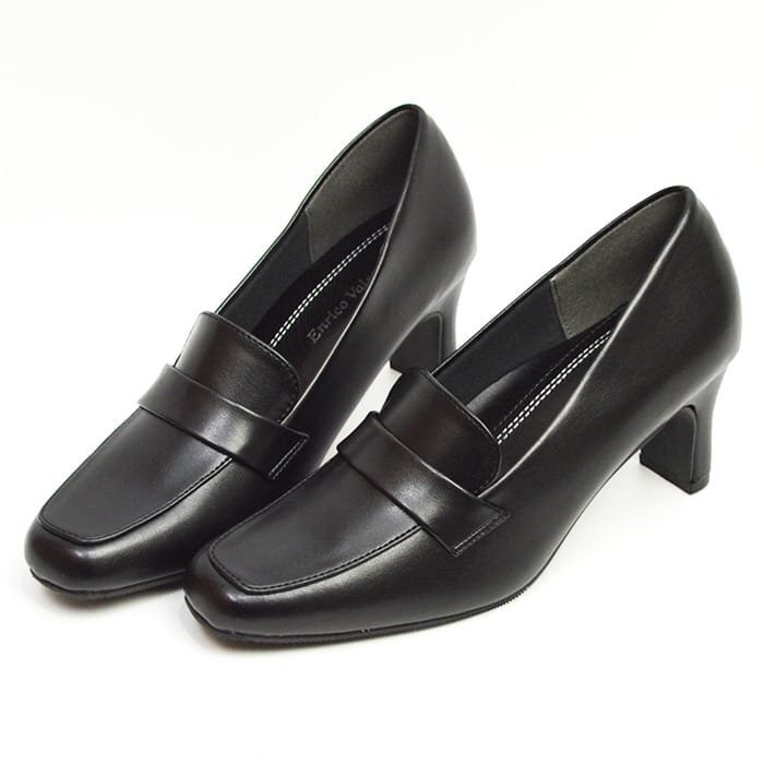 【在庫処分】新品■23cm パンプス レディース 6.5cm 高めヒール 幅広 3E スクエアトゥ ローファー 通勤 オフィス ブラック【エコ配送】拍卖