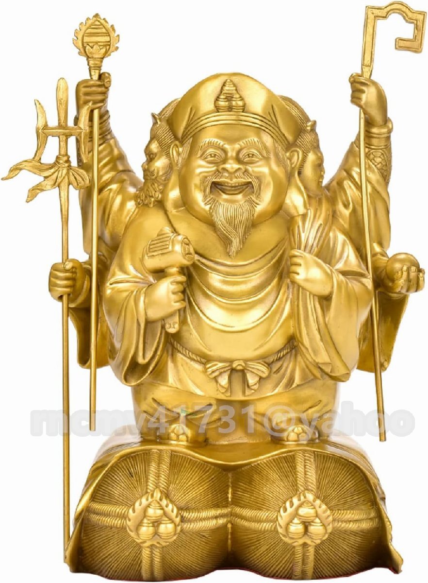 仏像 開運招福・三面大黒天 銅製 フィギュア 七福神 置物 ◆出世・必勝の守り神・商売繁盛・厄除け(Size:高さ20cm)拍卖