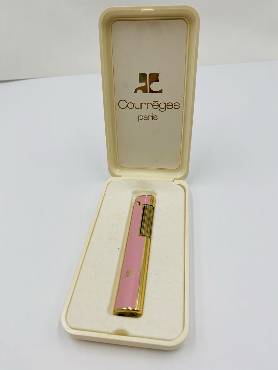 ◆ Courreges クレージュ ガスライター ゴールド×ピンク 喫煙具 喫煙グッズ ケース付き 火花確認済み拍卖