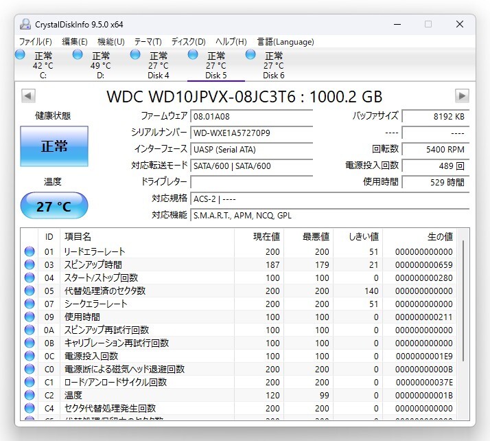 使用時間529時間★送料無料★正常判定品★Western Digital★1TB★HDD SATA★2.5インチ 9.5mm★拍卖
