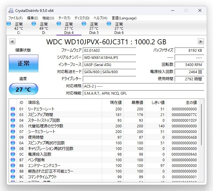 使用時間2792時間★送料無料★正常判定品★Western Digital★1TB★HDD SATA★2.5インチ 9.5mm★拍卖